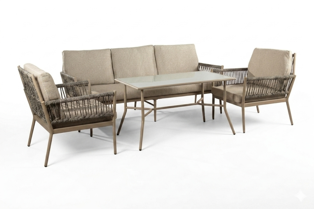 მეტალის 3 ადგილიანი სამეული მაგიდით კრემისფერი